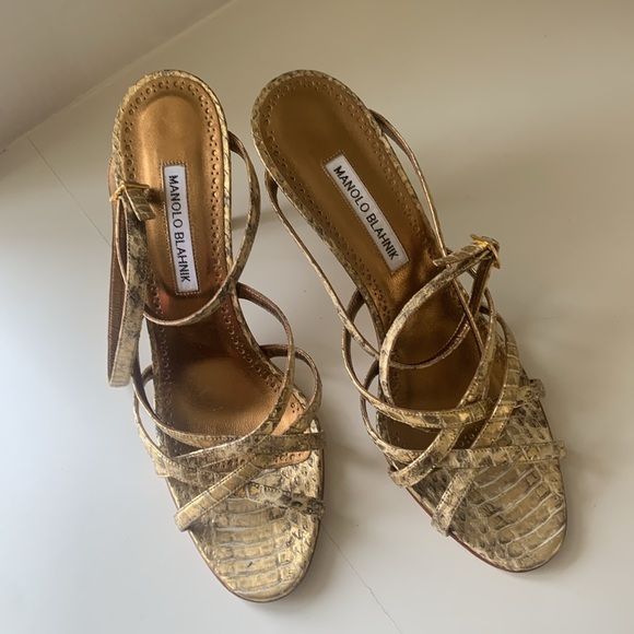 Manolo Blahnik Gold Embossed Python Leather High Heel Ankle Strap Sandals 40 1/2 - Picture 3 of 13